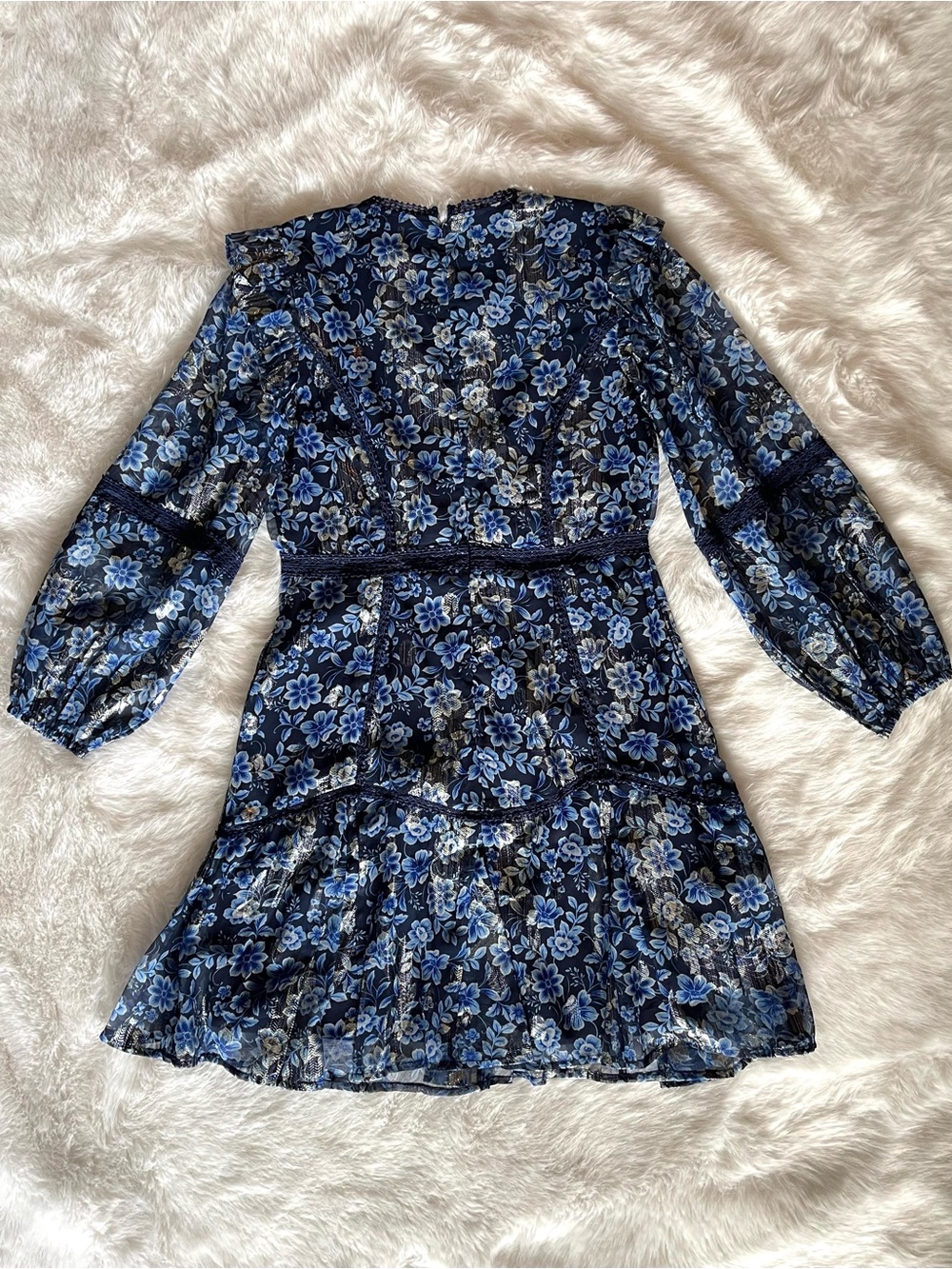 NWT Eliza J. Navy Blue & Silver Floral Ruffled Long Puff Sleeve Dress - Picture 12 of 16